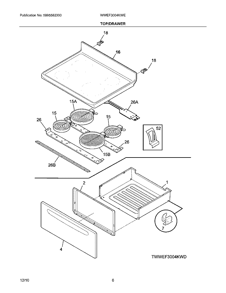 TOP/DRAWER Diagram and Parts List for WWEF3004KWE  Westinghouse Range