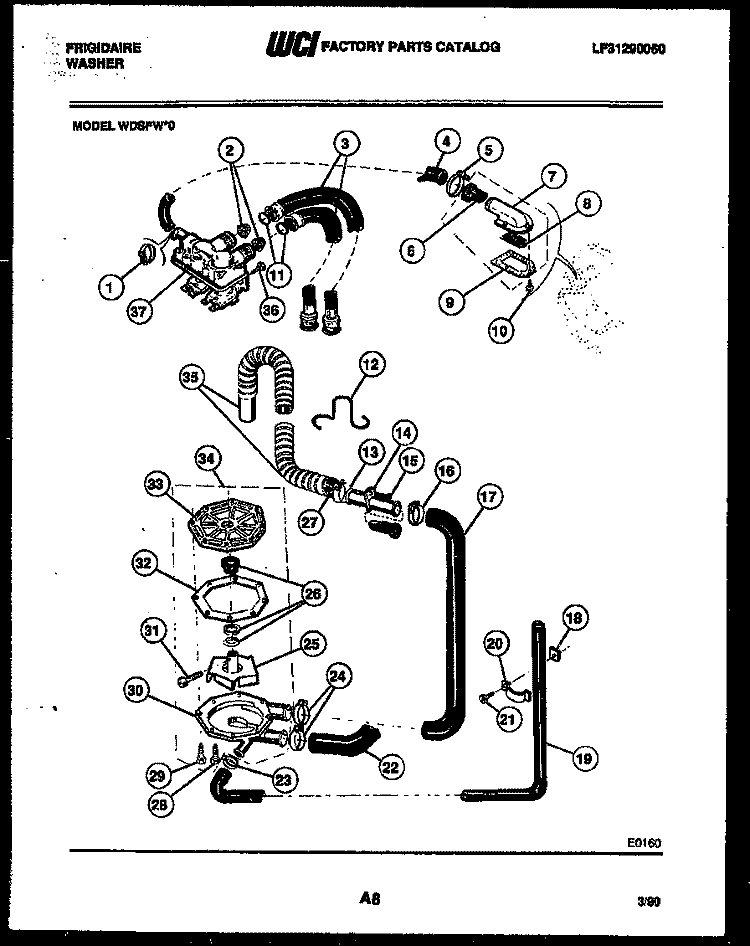 PUMP, WATER VALVE AND WATER INLET Diagram and Parts List for WDSFW0  Frigidaire Washer