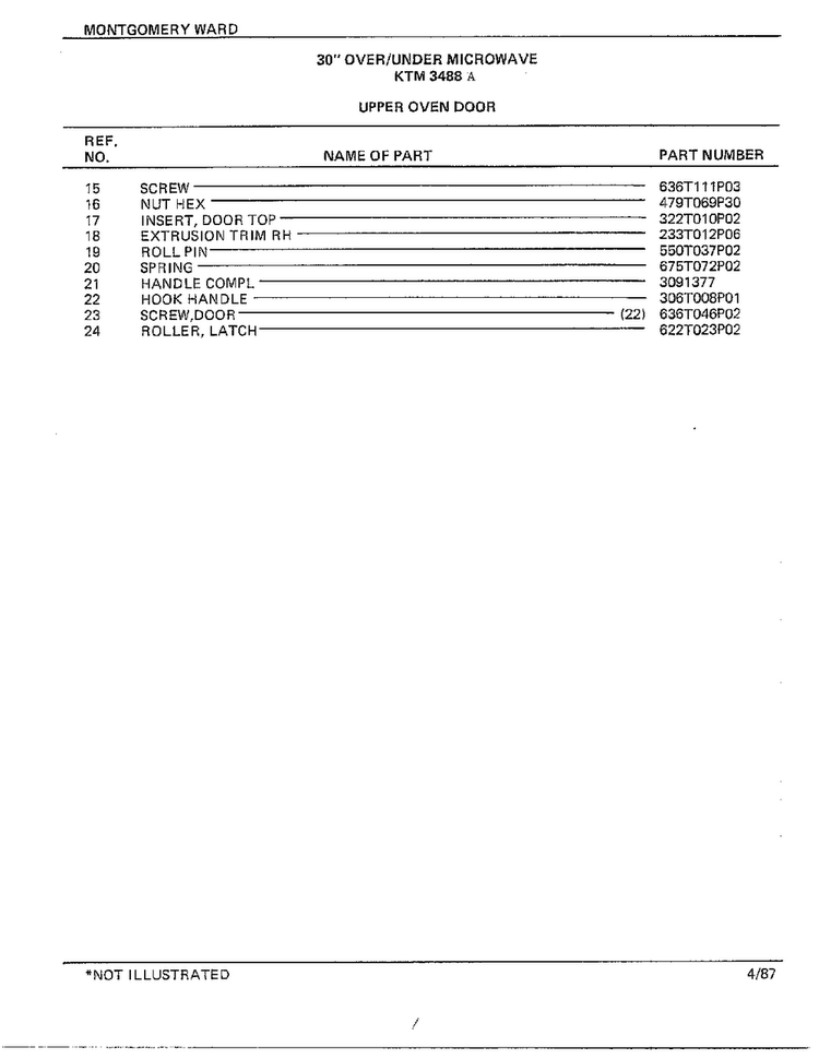 30" Over/under Upper Oven Door Page 2 Diagram and Parts List for 3488A  Frigidaire Range