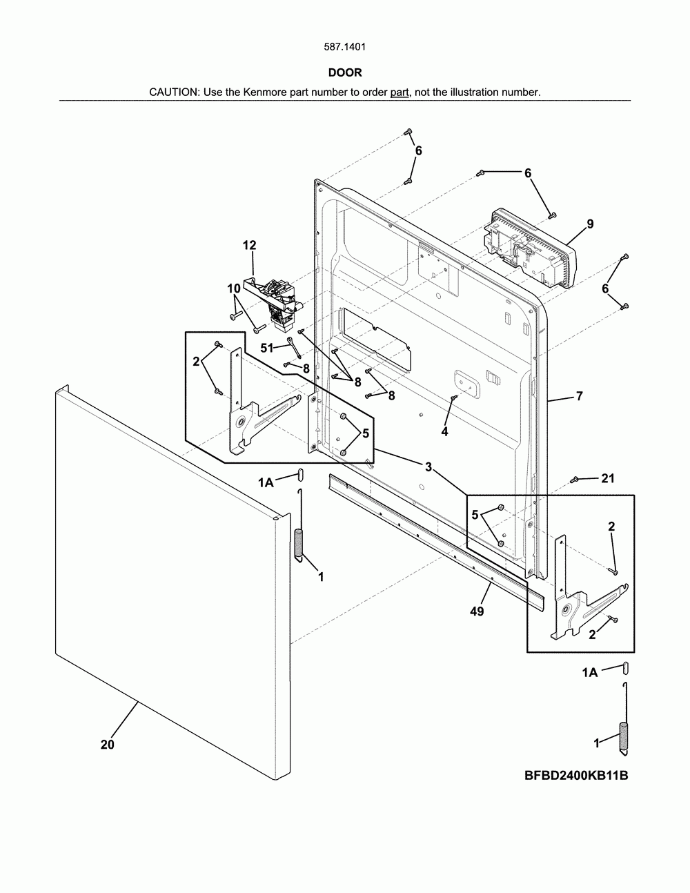 Door Diagram and Parts List for 58714012416B  Kenmore Dishwasher