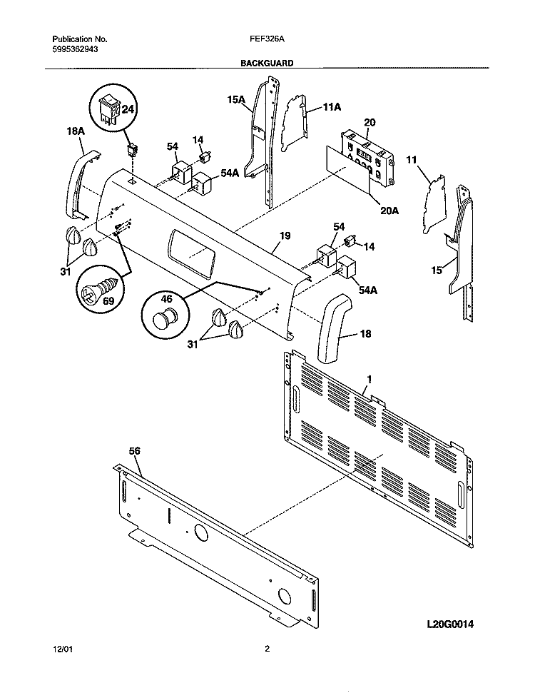 BACKGUARD Diagram and Parts List for FEF326ABA  Frigidaire Range