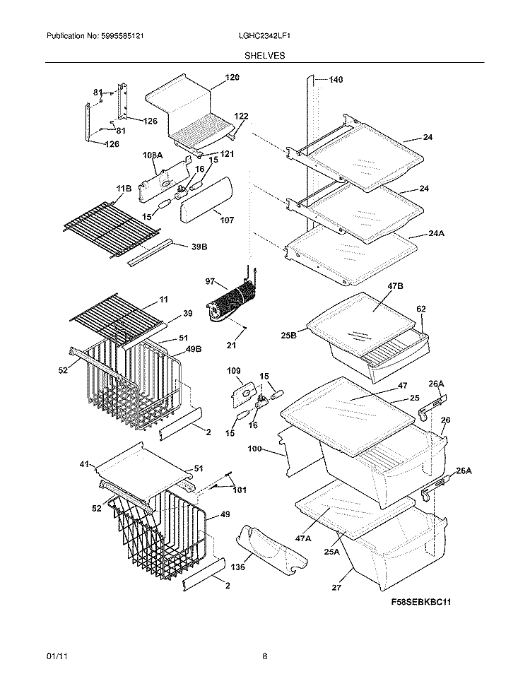 SHELVES Diagram and Parts List for LGHC2342LF1  Frigidaire Refrigerator