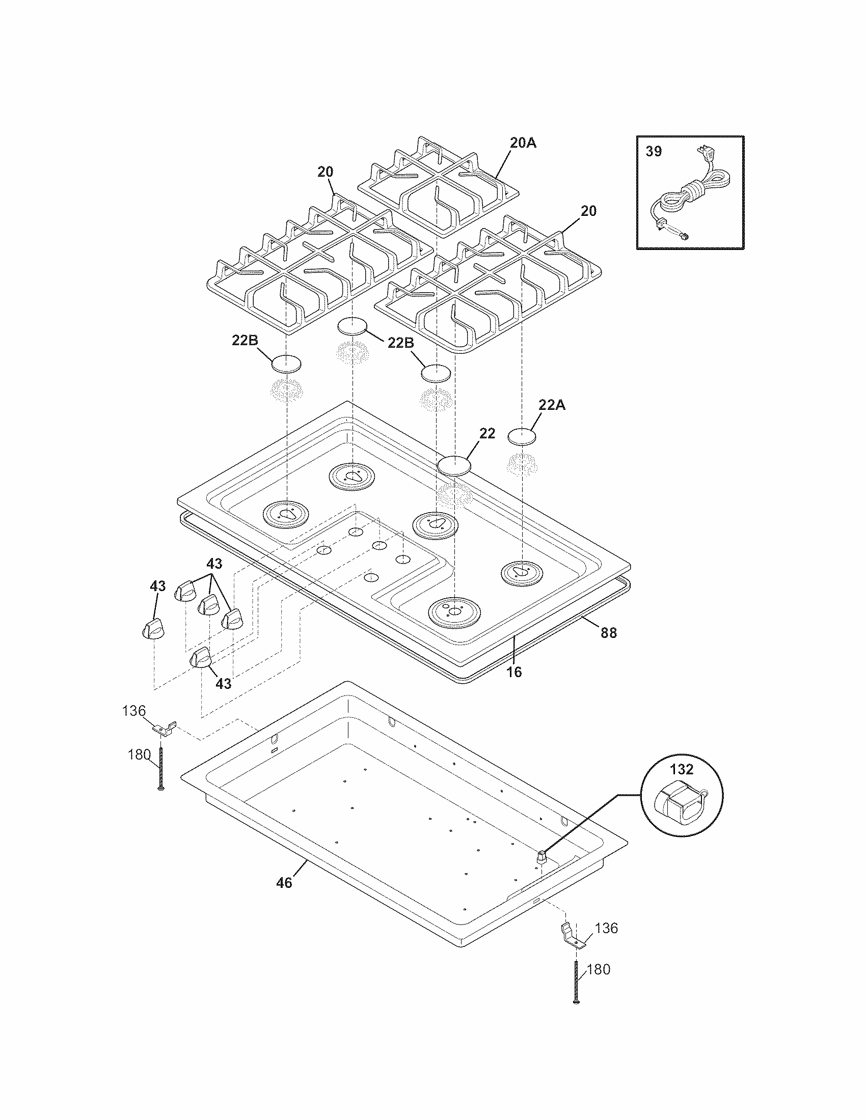 Main Top Diagram and Parts List for 79032432901  Kenmore Cooktop