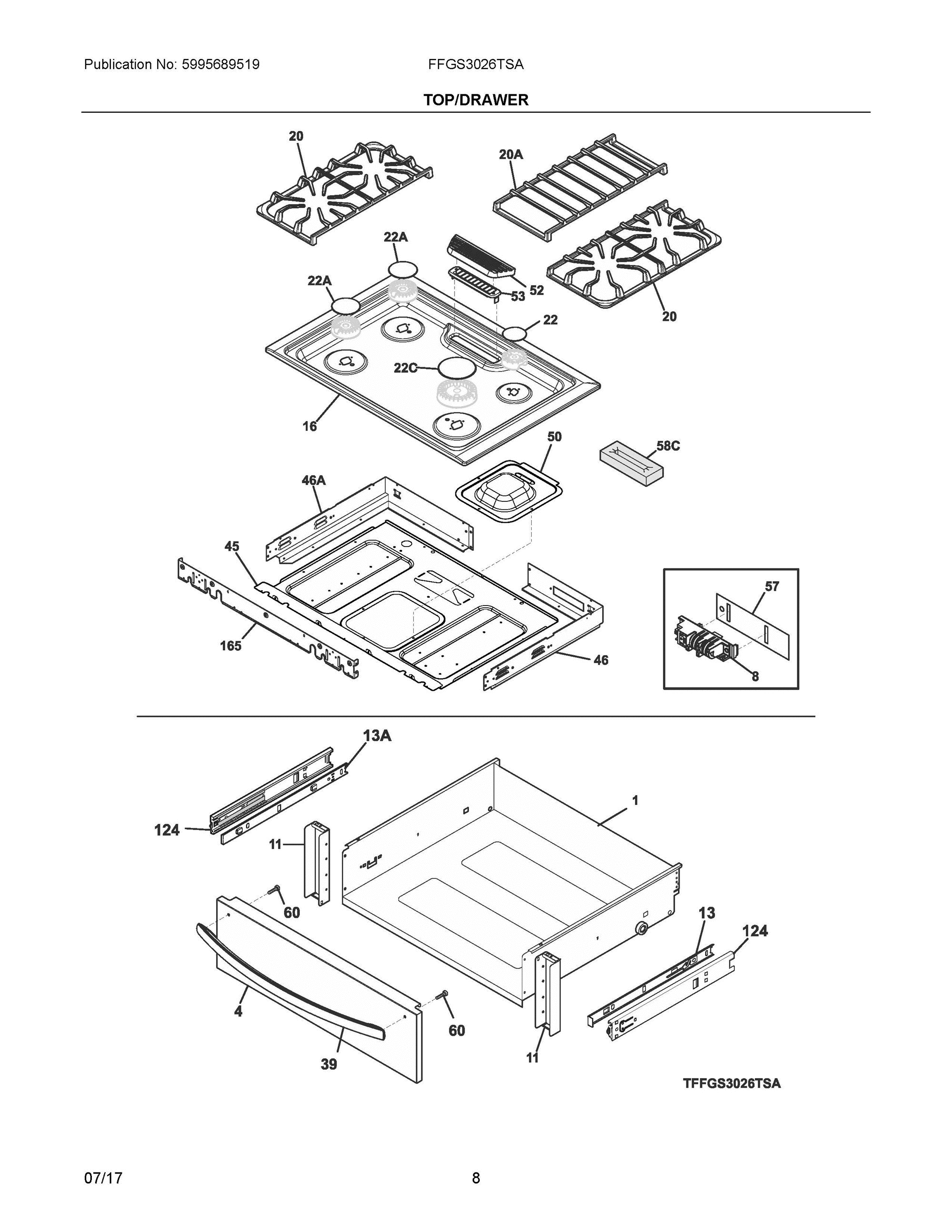 05 - TOP/DRAWER Diagram and Parts List for FFGS3026TSA  Frigidaire Range