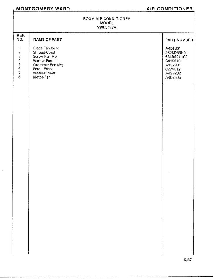 Air Conditioner Page 6 Diagram and Parts List for 5197A  Frigidaire Air Conditioner