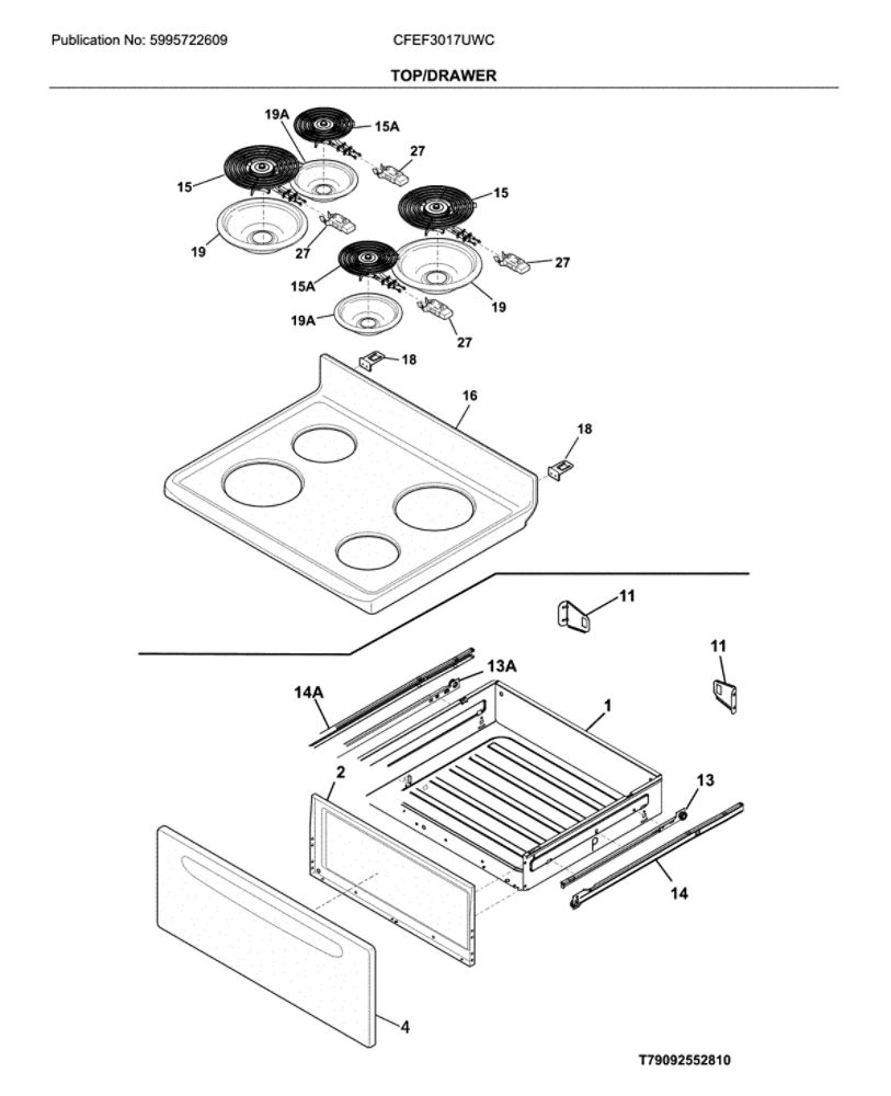 Top/Drawer Diagram and Parts List for CFEF3017UWC  Frigidaire Range