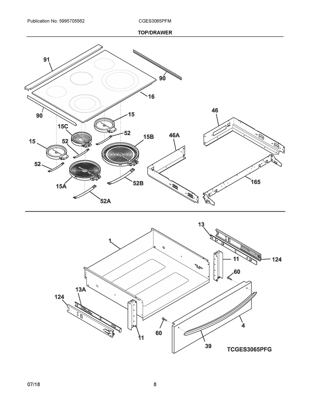 Top/drawer Diagram and Parts List for CGES3065PFM  Frigidaire Range
