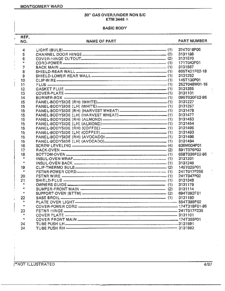 30" Gas Over/under Basic Body Page 2 Diagram and Parts List for 3448A  Frigidaire Range