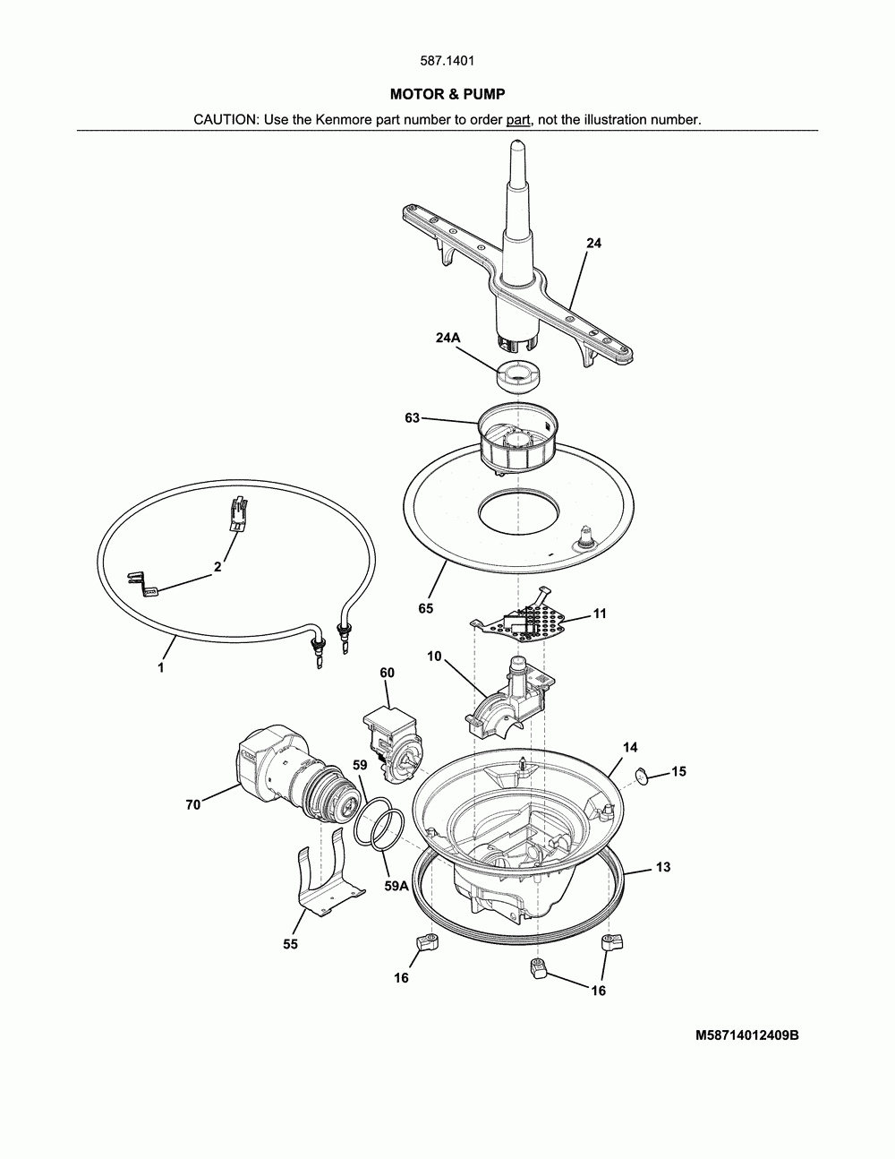 Motor & pump Diagram and Parts List for 58714012416B  Kenmore Dishwasher