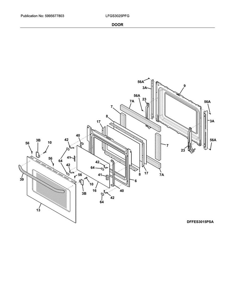 Door Diagram and Parts List for LFGS3025PFG  Frigidaire Range