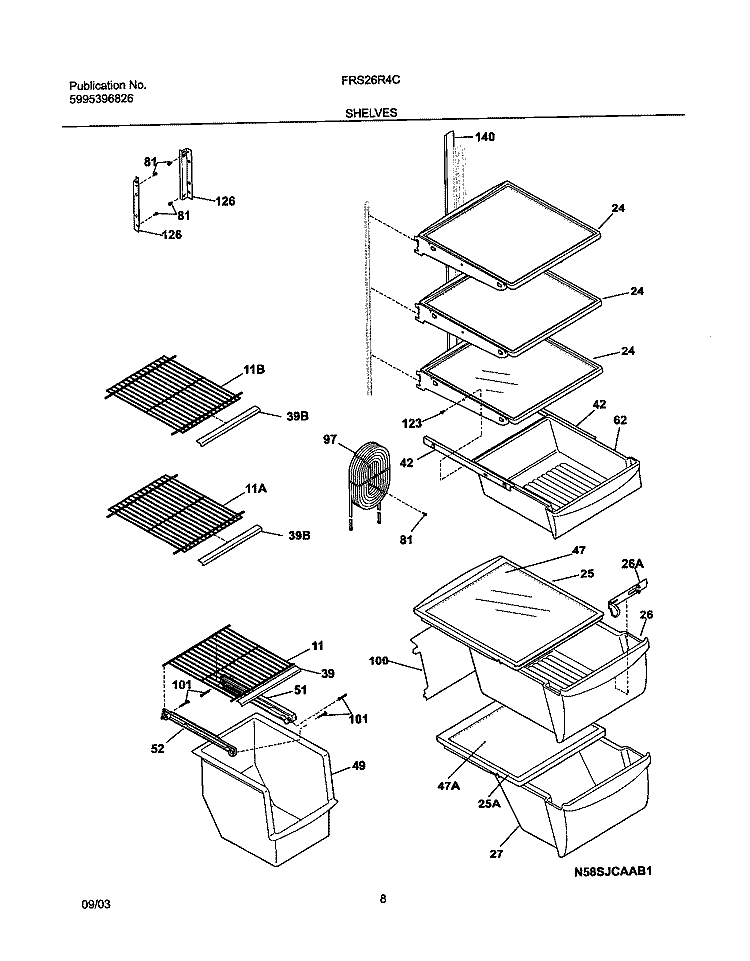 SHELVES Diagram and Parts List for FRS26R4CW1  Frigidaire Refrigerator
