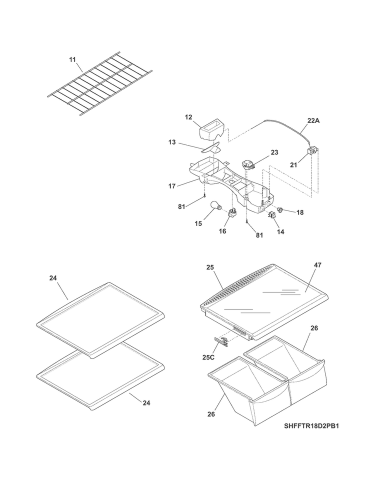 Shelves Diagram and Parts List for FFTR18D2PB6  Frigidaire Refrigerator