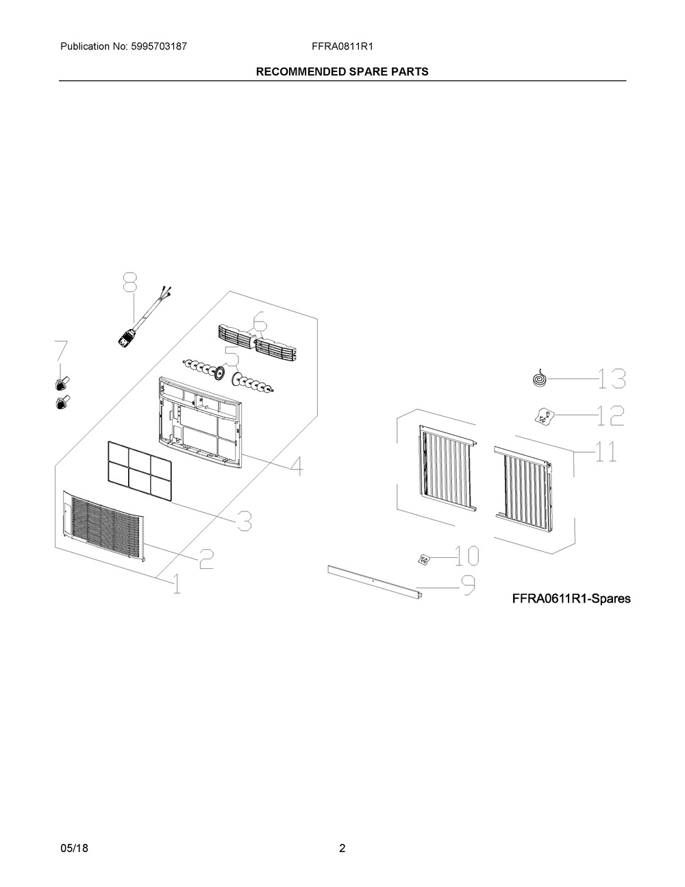 Recommended Spare Parts Diagram and Parts List for FFRA0811R12  Frigidaire Air Conditioner