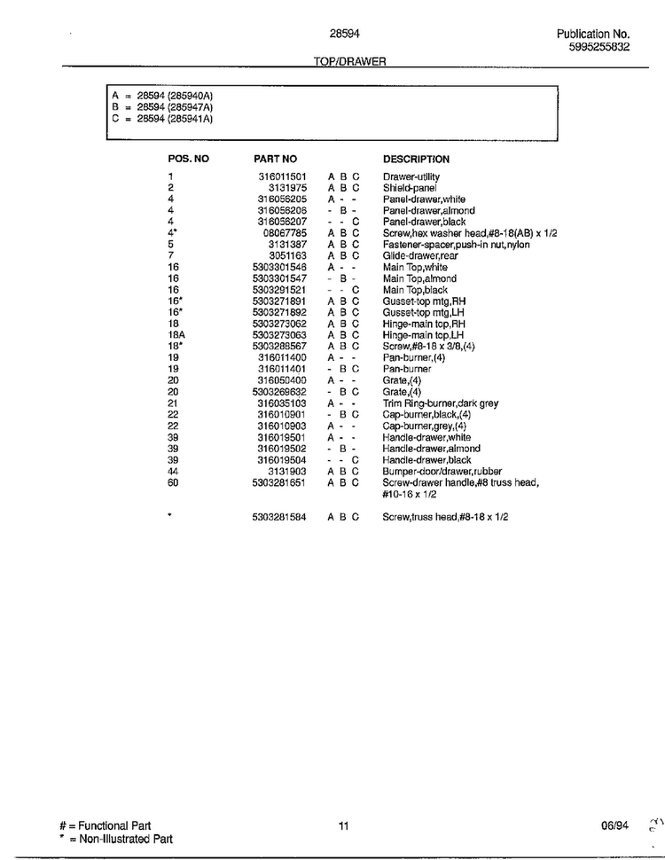 Top/drawer Page 2 Diagram and Parts List for 285947A  Frigidaire Range