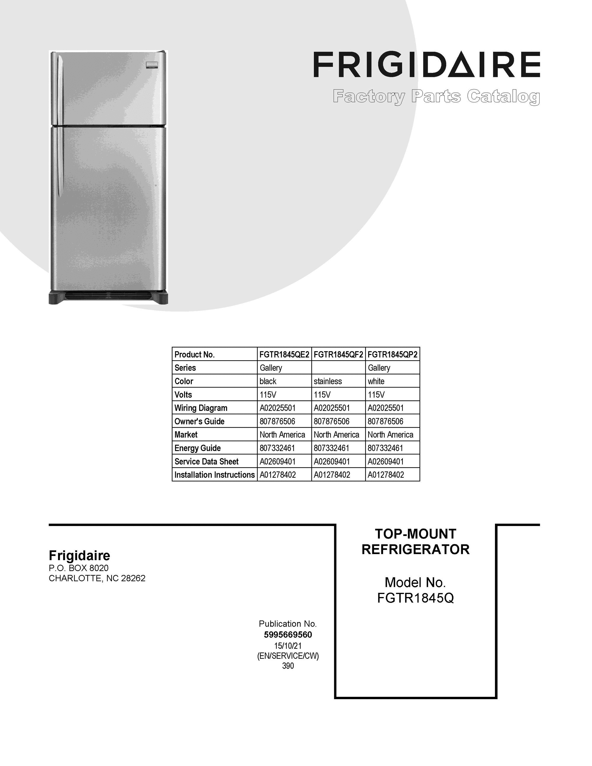 01 - COVER SHEET Diagram and Parts List for FGTR1845QE2  Frigidaire Refrigerator