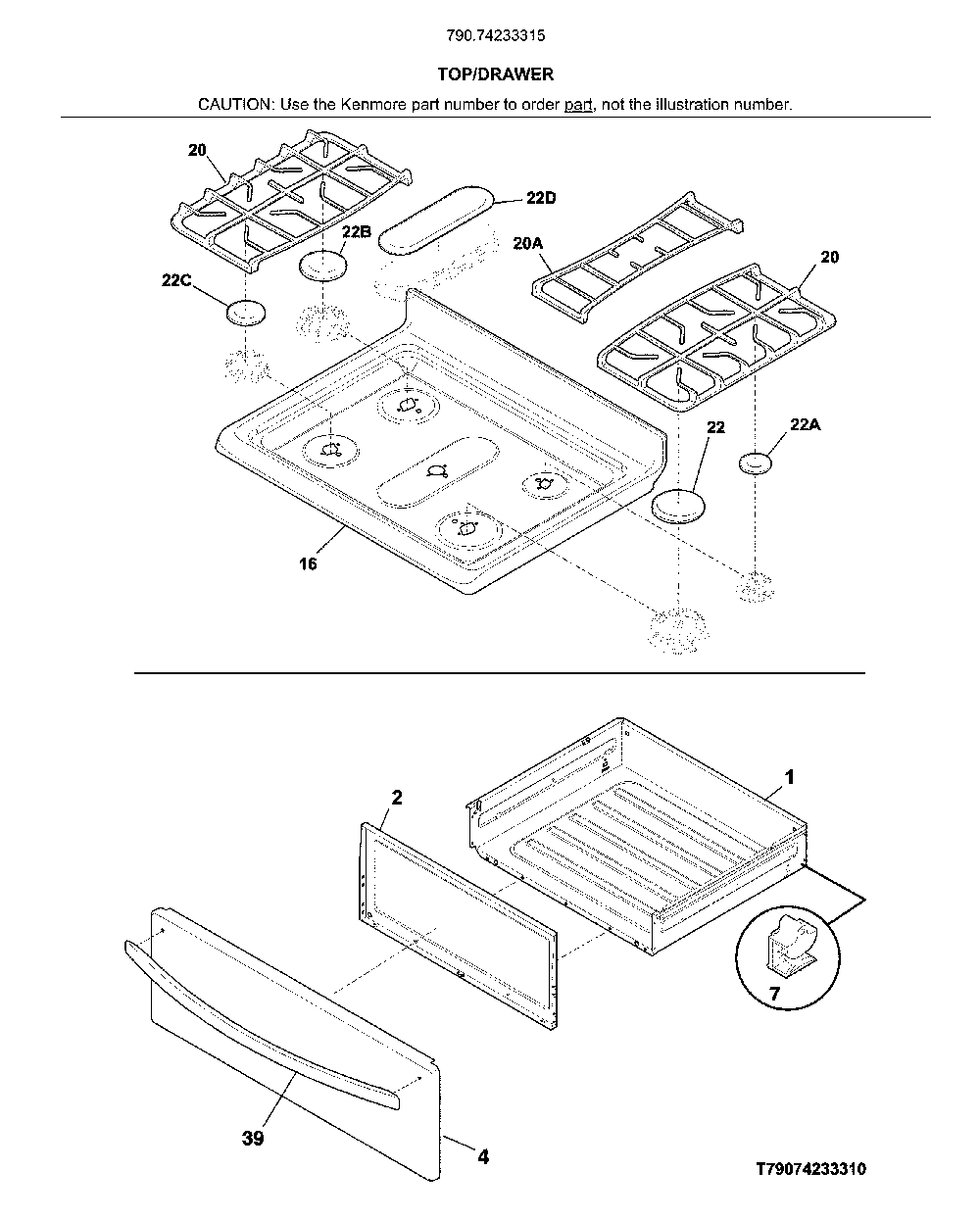 Top/drawer Diagram and Parts List for 79074233315  Kenmore Range