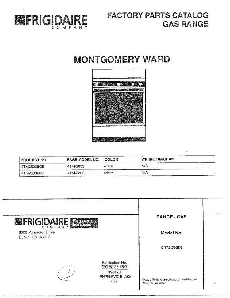 Front Page Diagram and Parts List for 2803-80B  Frigidaire Range