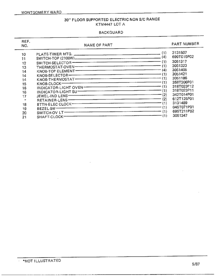 Backguard Page 2 Diagram and Parts List for 4447A  Frigidaire Range