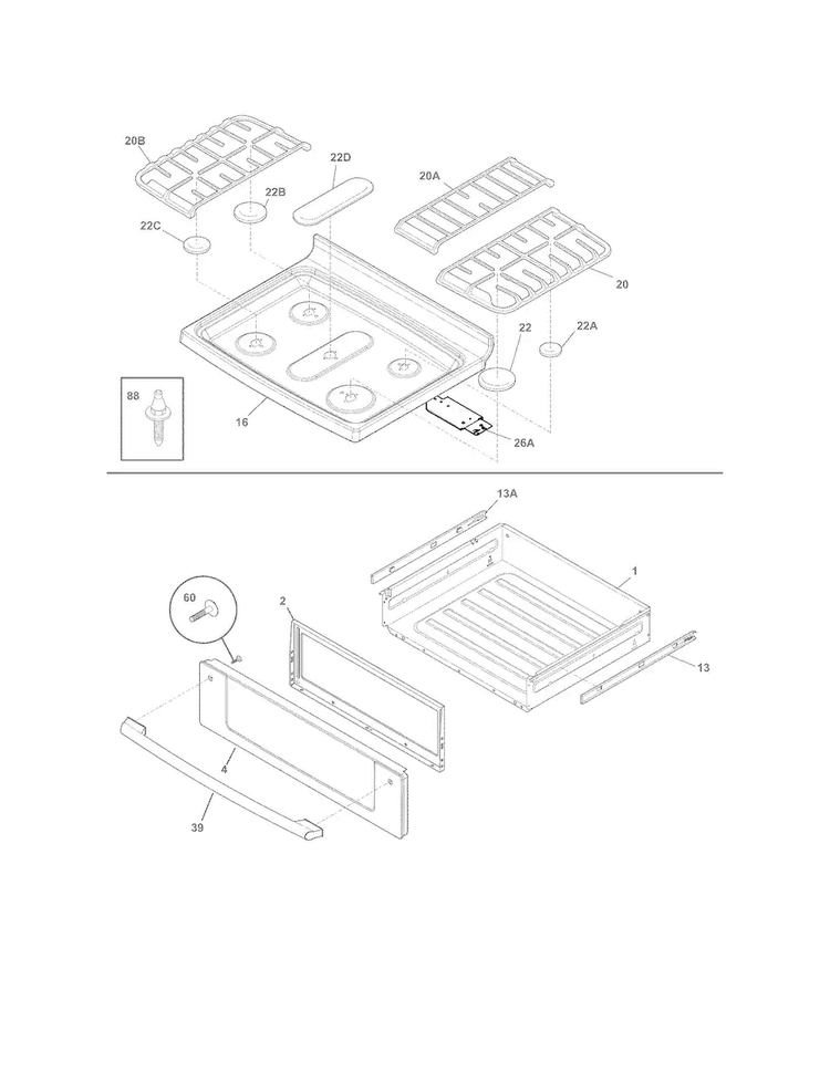 Top/drawer Diagram and Parts List for EI30GF35JSA  Electrolux Range