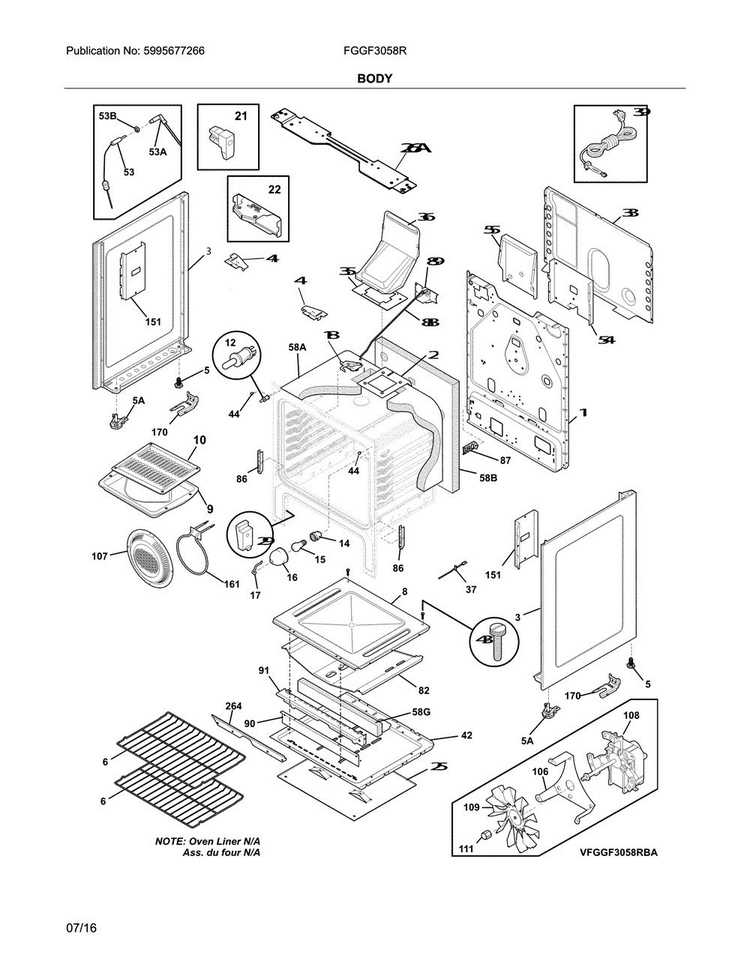 Body Diagram and Parts List for FGGF3058RWB  Frigidaire Range