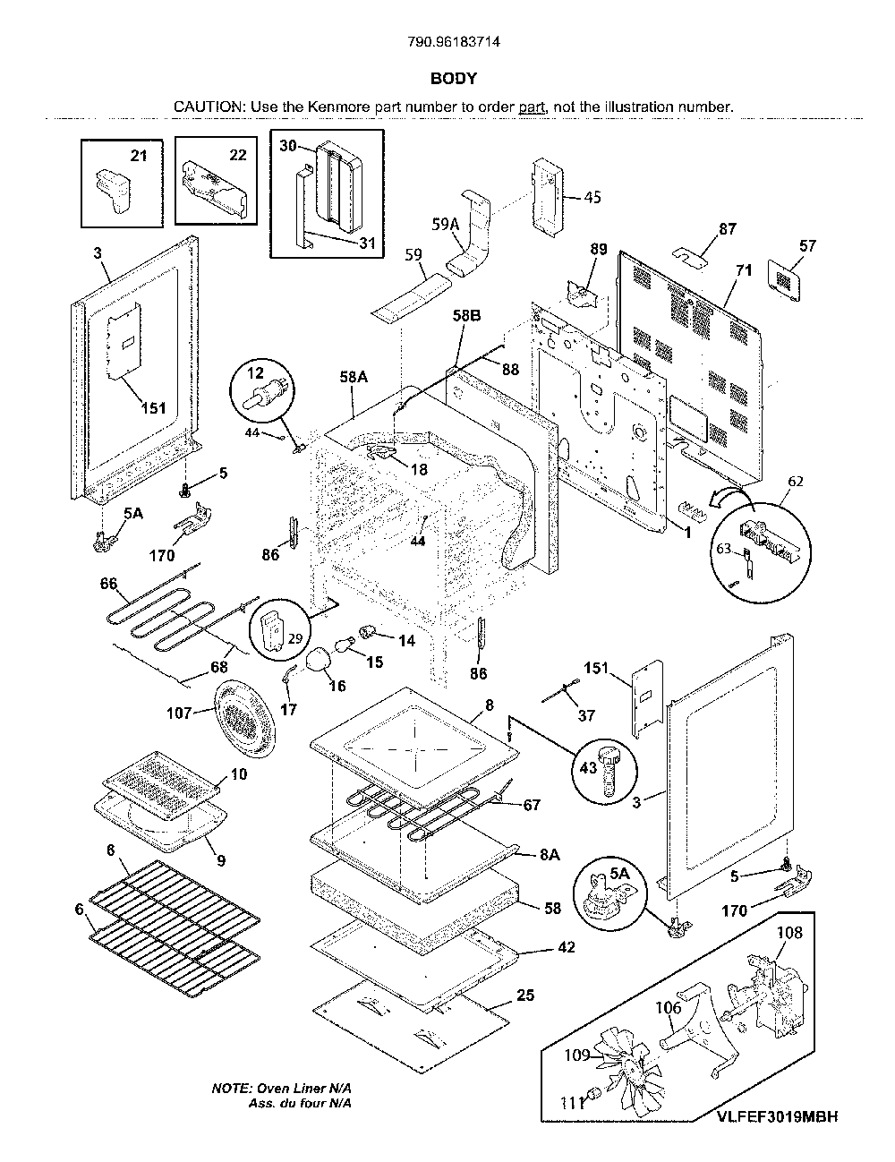 Body Diagram and Parts List for 79096183714  Kenmore Range