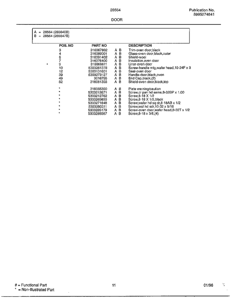 Door Page 2 Diagram and Parts List for 285647B  Frigidaire Range