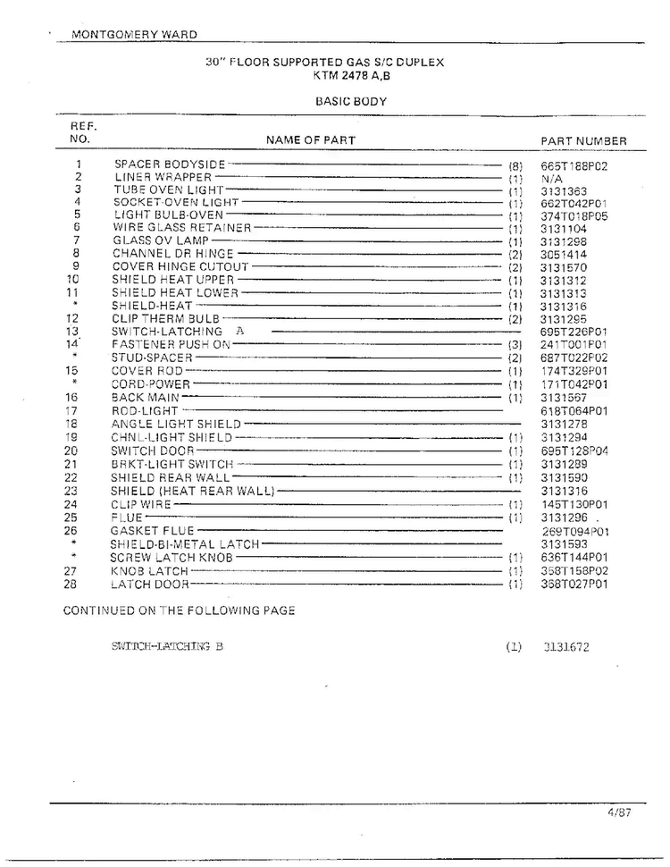 30" Floor/basic Body Page 2 Diagram and Parts List for 2488A  Frigidaire Range