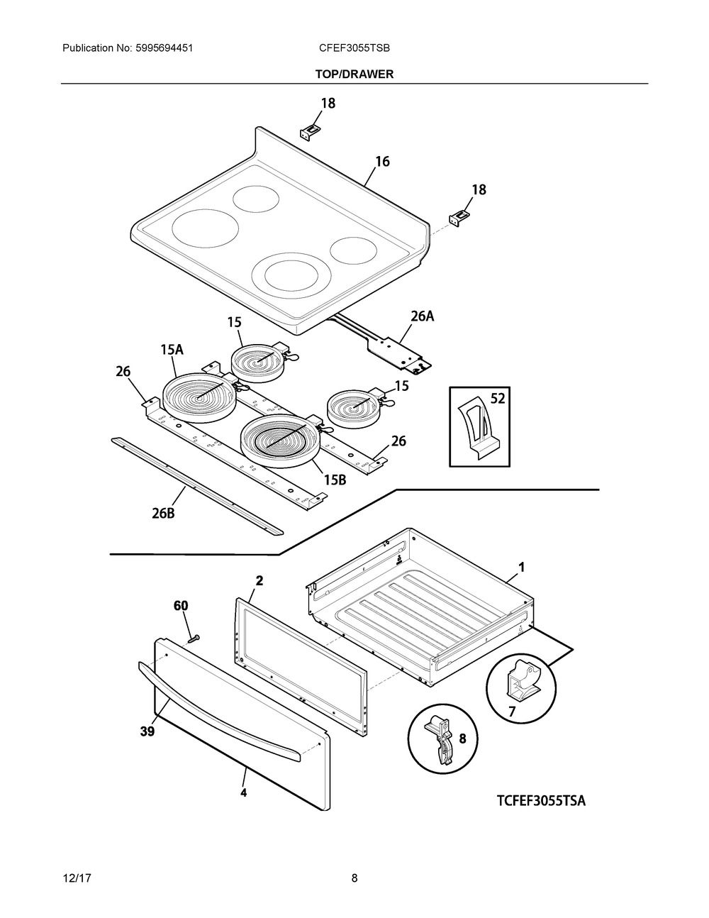 Top/drawer Diagram and Parts List for CFEF3055TSB  Frigidaire Range