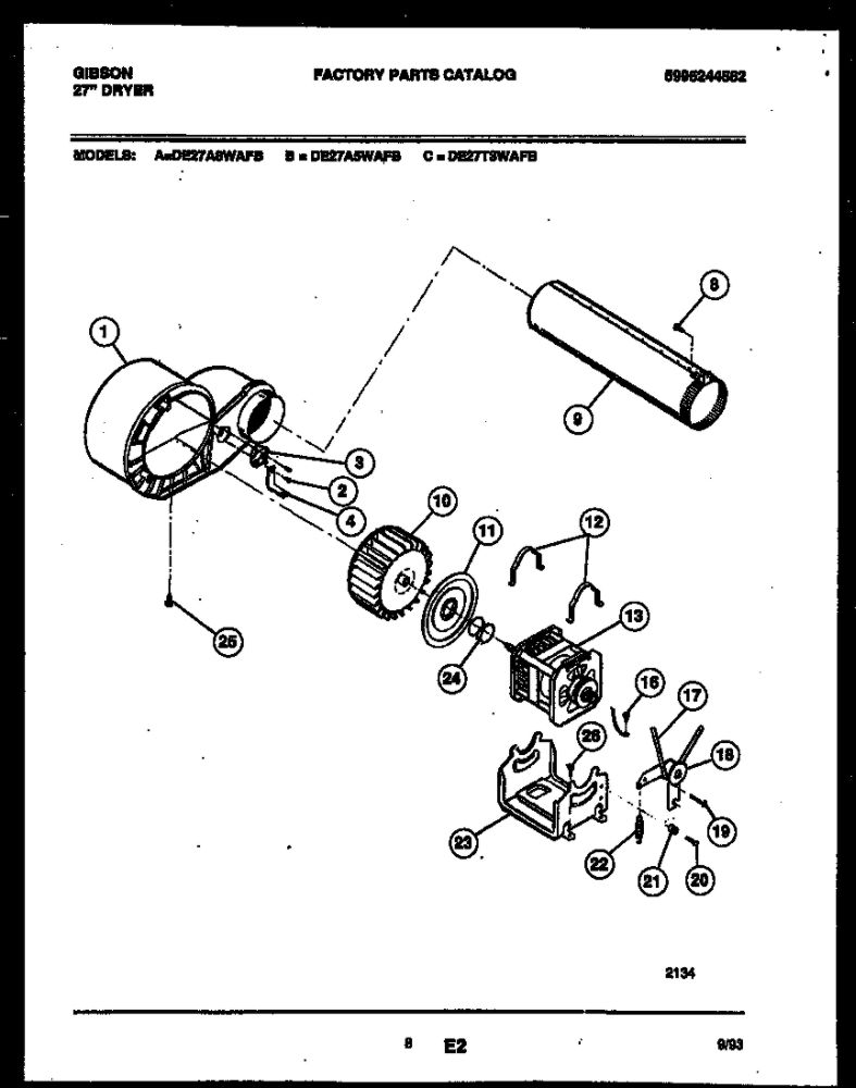 Blower And Drive Parts Diagram and Parts List for DE27T3WAFB  Gibson Dryer
