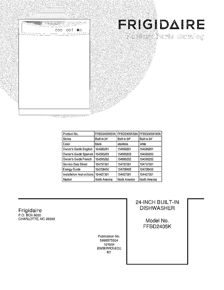 COVER Diagram and Parts List for FFBD2405KB0A  Frigidaire Dishwasher