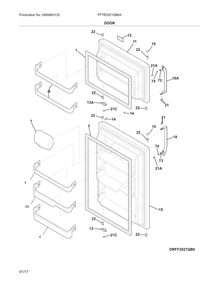 Door Diagram and Parts List for FFTR2021QB6A  Frigidaire Refrigerator
