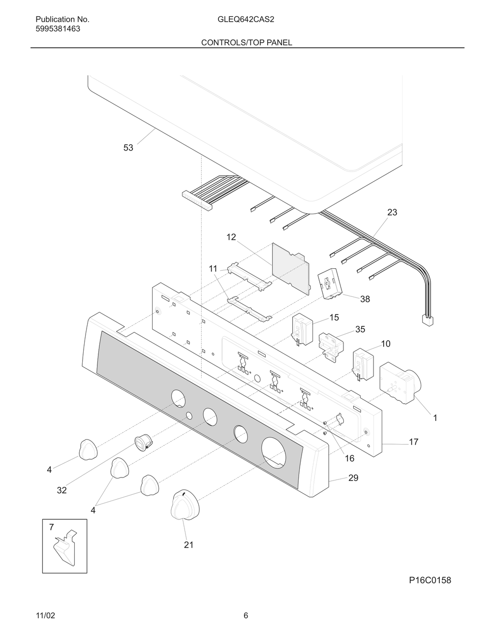 Controls/Top Panel Diagram and Parts List for GLEQ642CAS2  Frigidaire Dryer