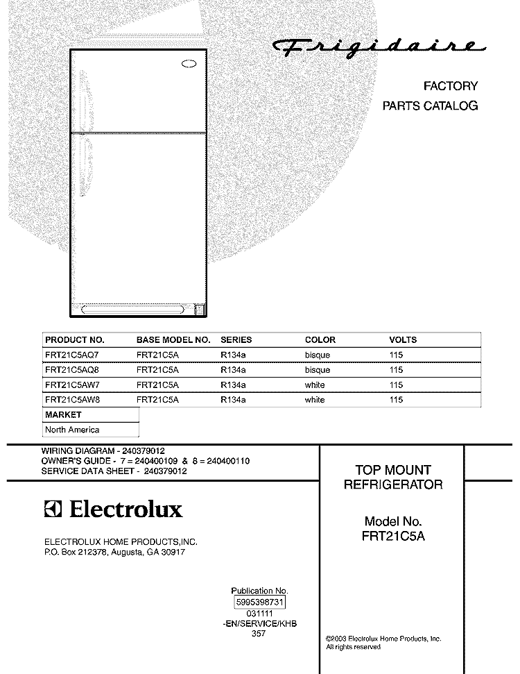 COVER Diagram and Parts List for FRT21C5AQ7  Frigidaire Refrigerator