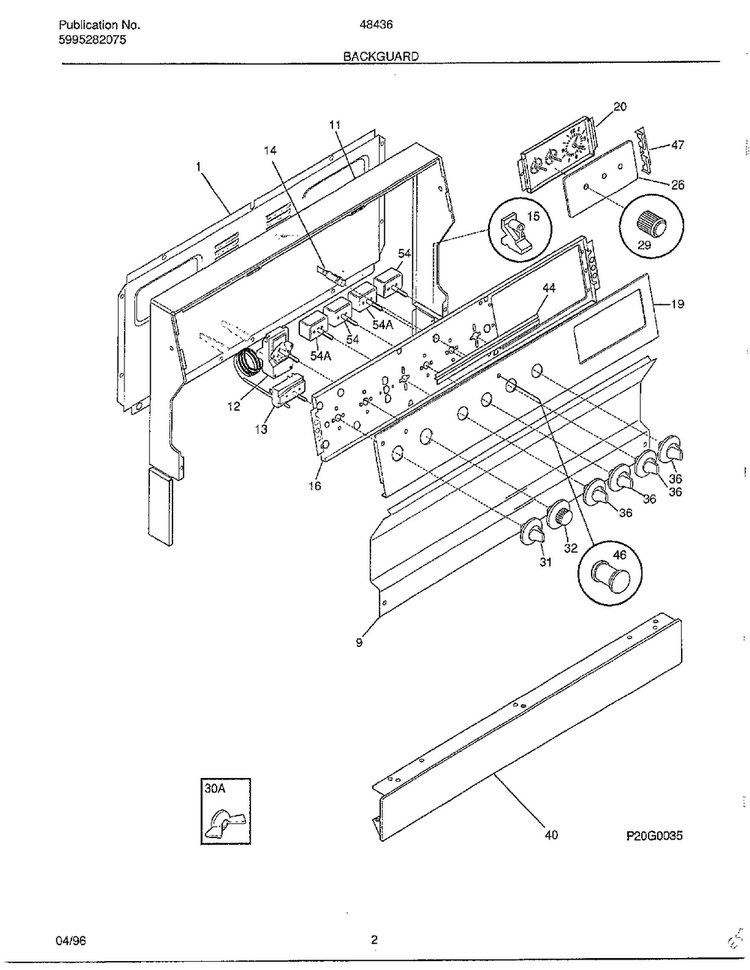 Backguard Diagram and Parts List for 484367A  Frigidaire Range