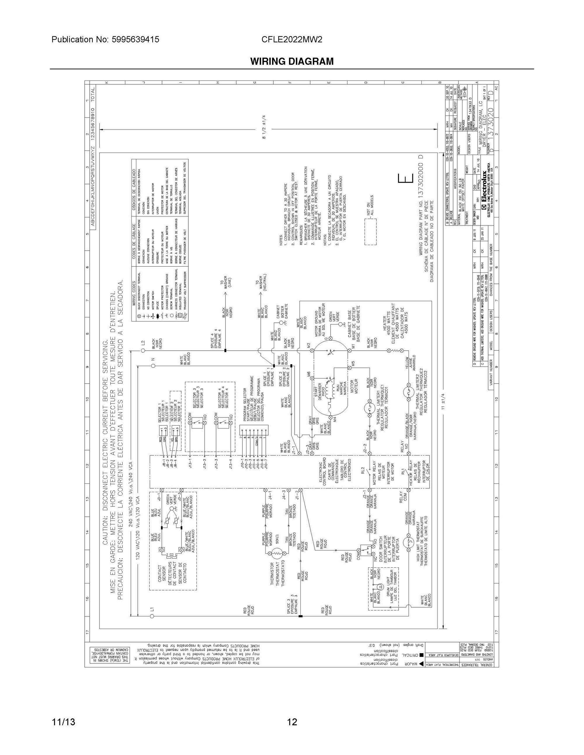 07 - WIRING DIAGRAM Diagram and Parts List for CFLE2022MW2  Frigidaire Washer Dryer Combo