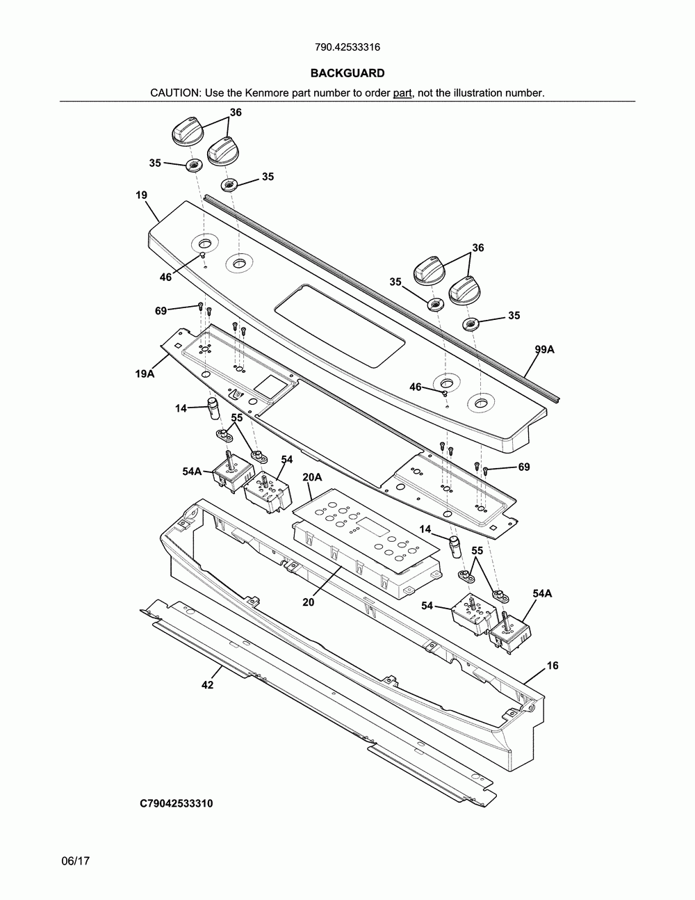 Backguard Diagram and Parts List for 79042533316  Kenmore Range