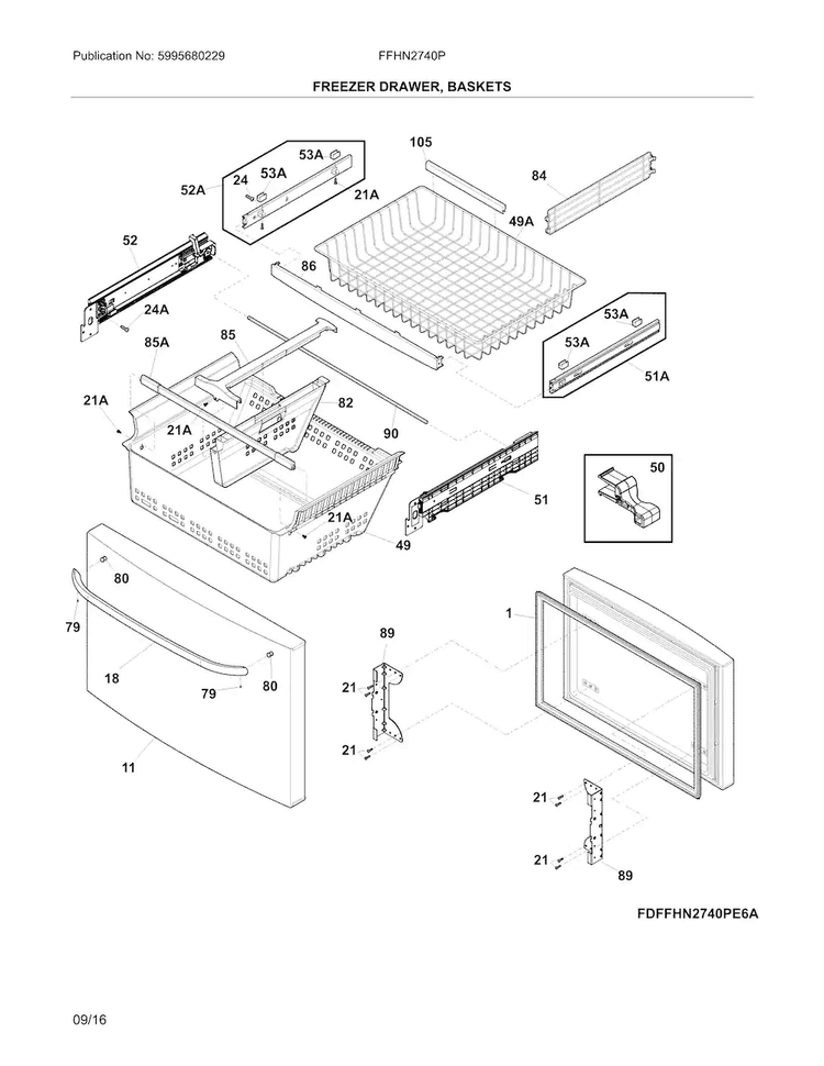 Freezer Drawer, Baskets Diagram and Parts List for FFHN2740PSAA  Frigidaire Refrigerator