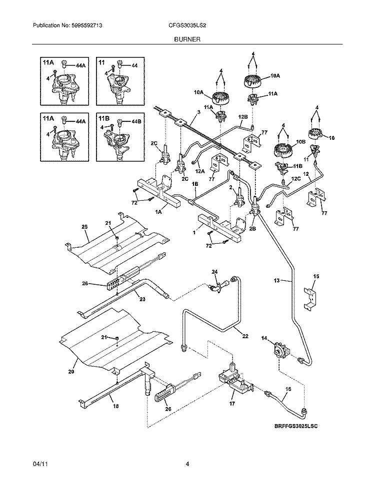BURNER Diagram and Parts List for CFGS3035LS2  Frigidaire Range