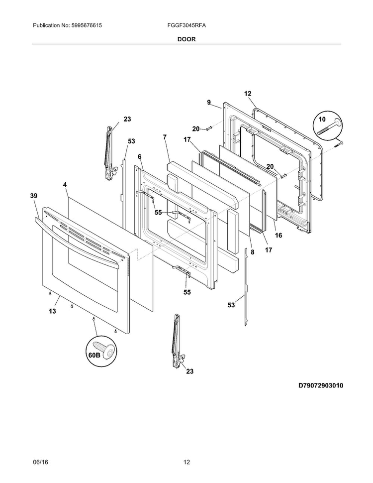 Door Diagram and Parts List for FGGF3045RFA  Frigidaire Range