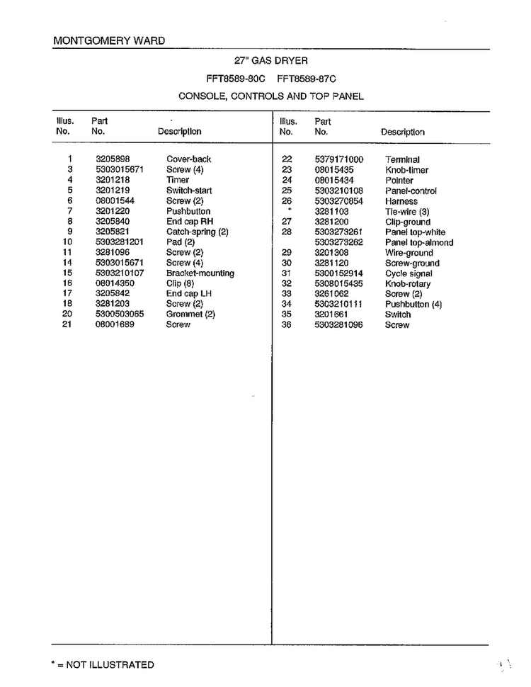Console, Controls And Top Panel Page 2 Diagram and Parts List for 8589-80C  Frigidaire Dryer
