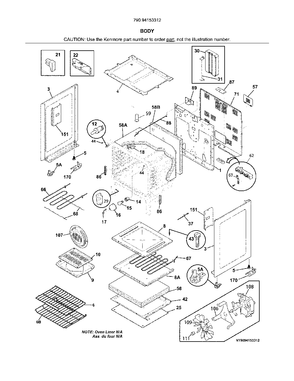 Body Diagram and Parts List for 79094153312  Kenmore Range