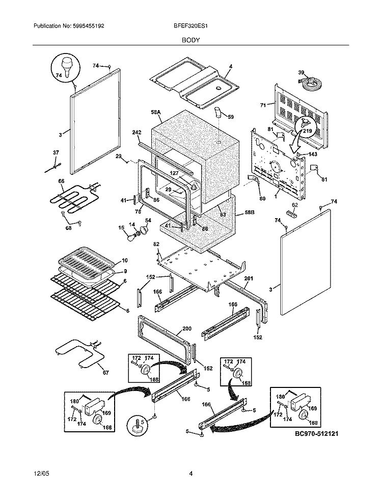 BODY Diagram and Parts List for BFEF320ES1  Frigidaire Range