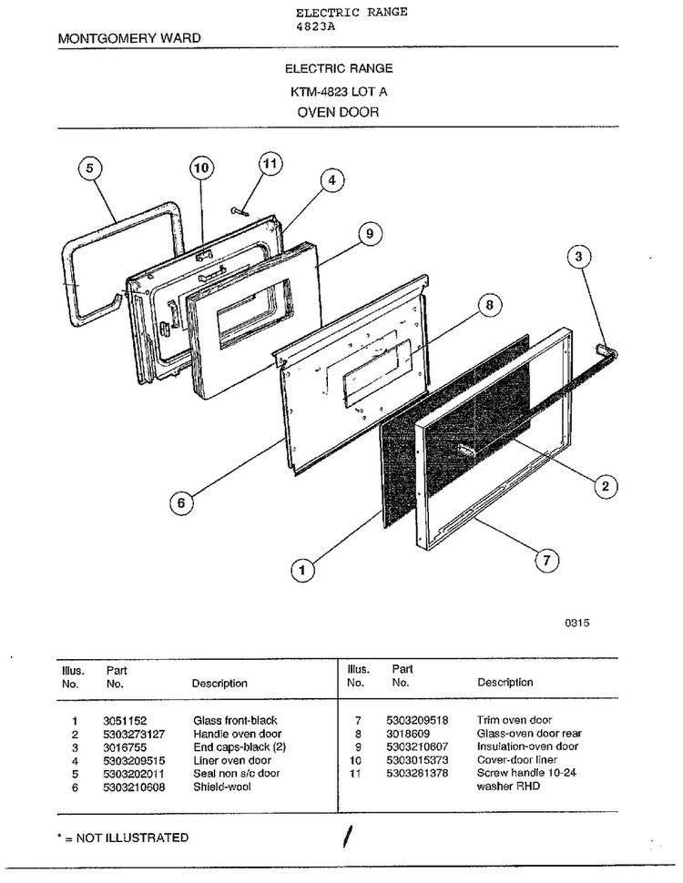 Oven Door Diagram and Parts List for 4823A  Frigidaire Range
