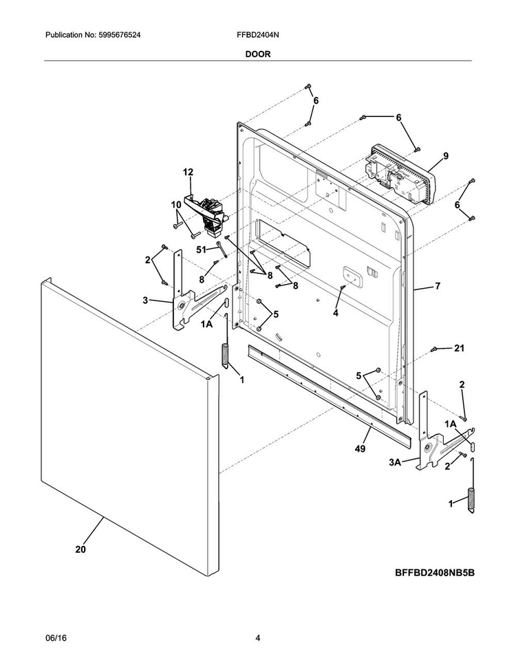 Door Diagram and Parts List for FFBD2404NB7C  Frigidaire Dishwasher