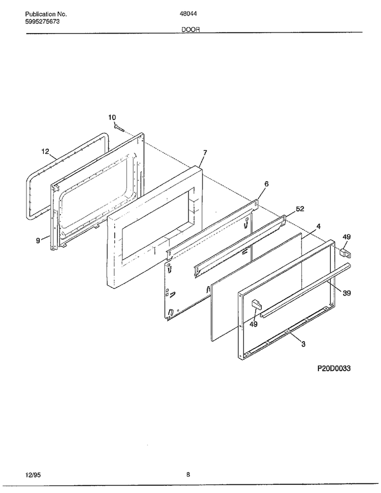 Door Diagram and Parts List for 480440D  Frigidaire Range