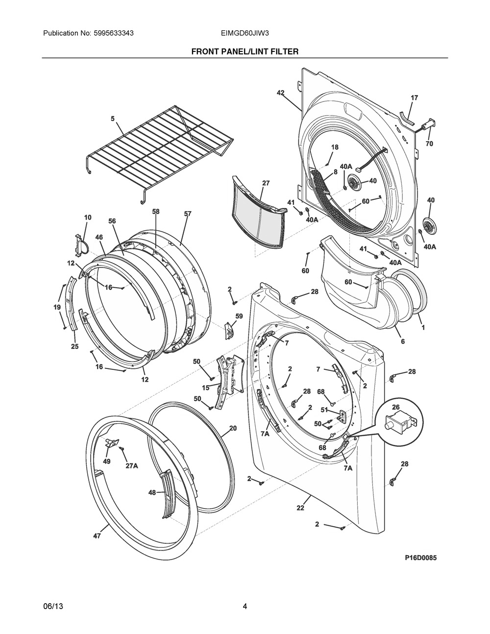 Front Panel/lint Filter Diagram and Parts List for EIMGD60JIW3  Frigidaire Dryer