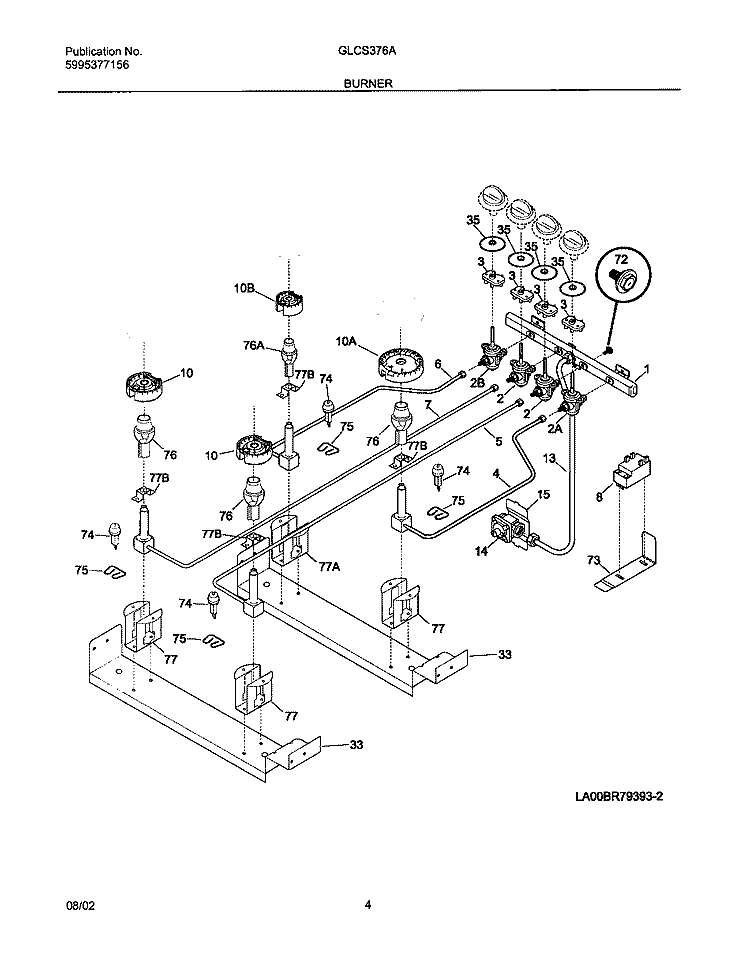 BURNER Diagram and Parts List for GLCS376ASD  Frigidaire Range