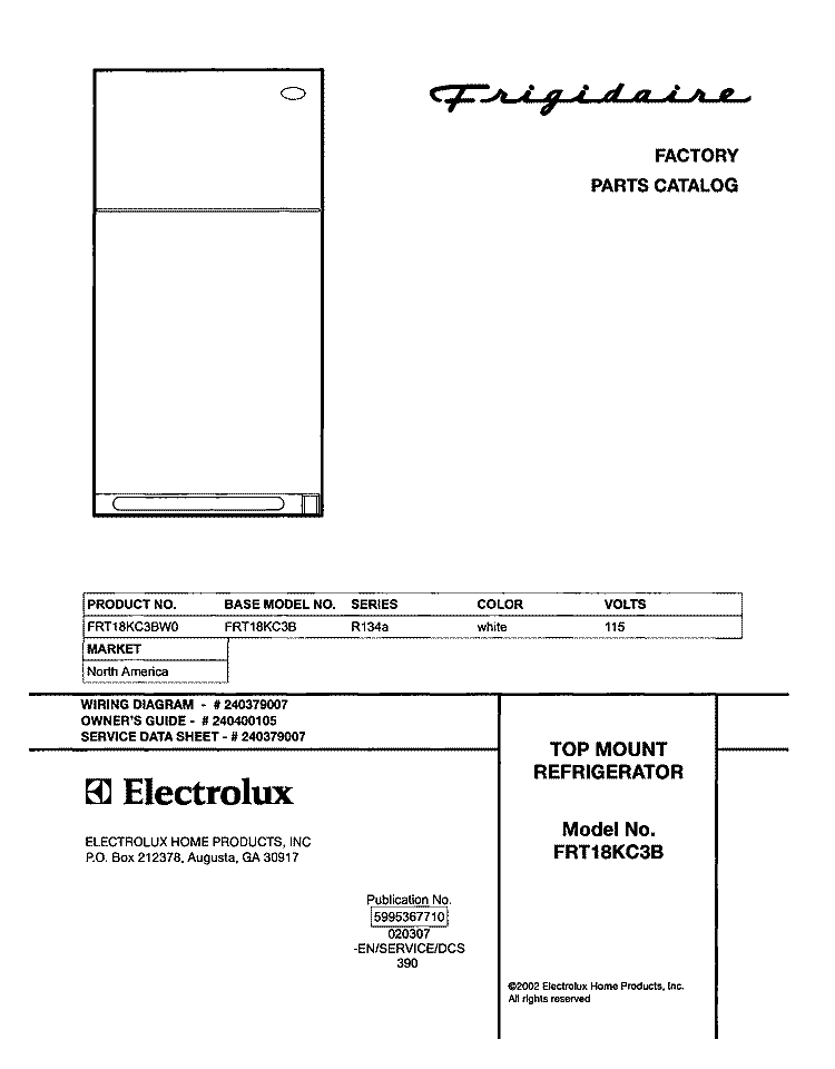 COVER Diagram and Parts List for FRT18KC3BW0  Frigidaire Refrigerator