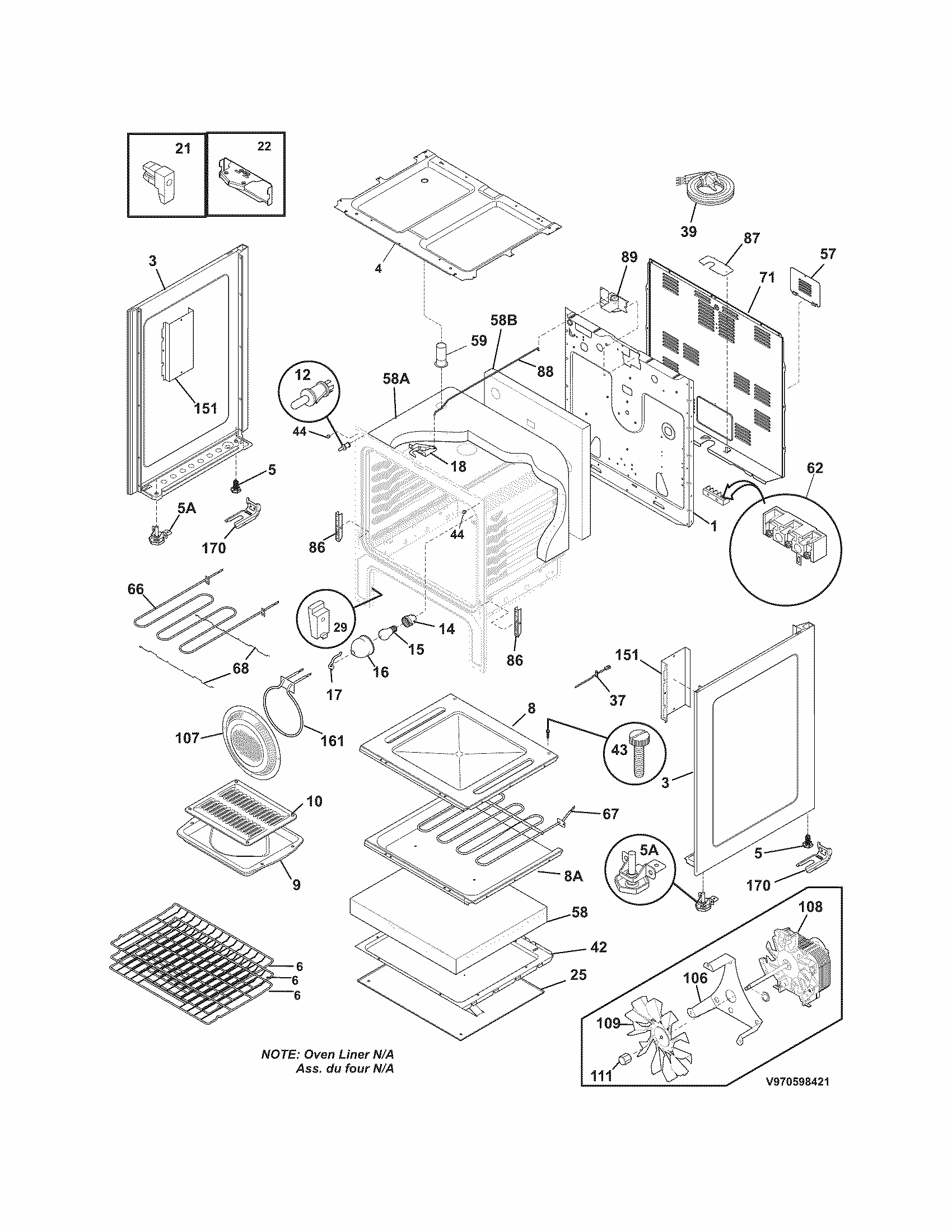 Body Diagram and Parts List for 970598421  Kenmore Range