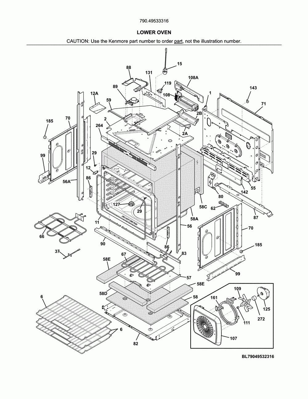 Lower oven Diagram and Parts List for 79049533316  Kenmore Wall Oven